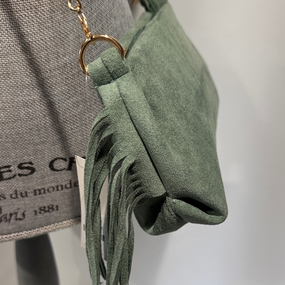 Faux Suede Fringe Crossbody Bag in Sage Green - Picture 2 of 15
